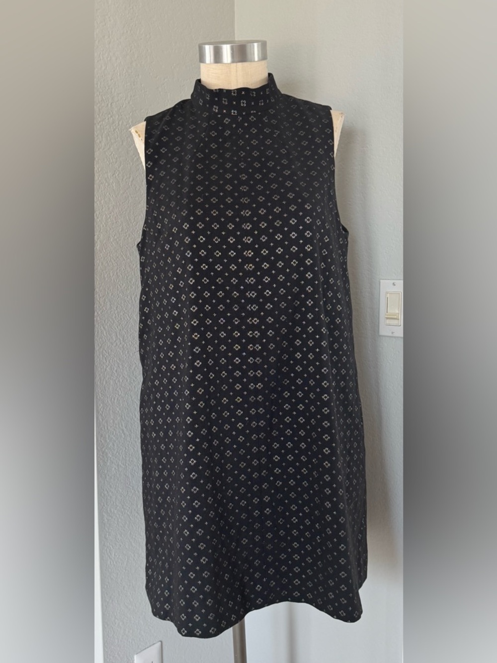 Cremieux 60s Style Shift Dress Sleeveless High-Neck Black Geometric Print 14